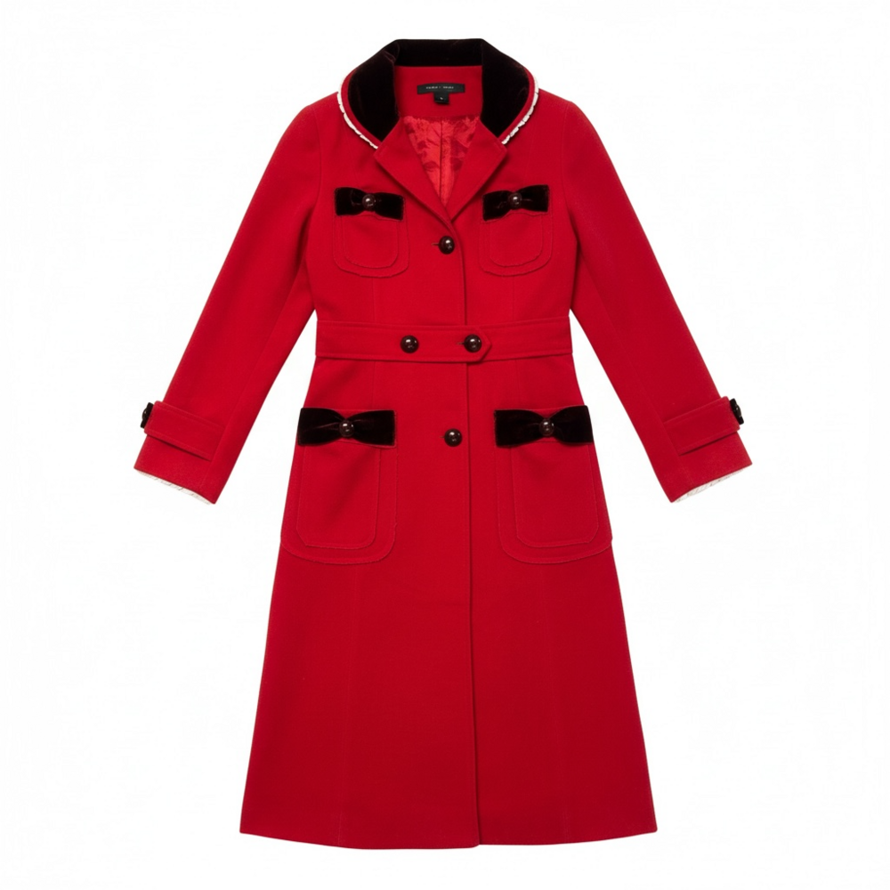 Deadstock Y2K Marc Jacobs Red Wool Coat with Velvet Trim and Bow Accents